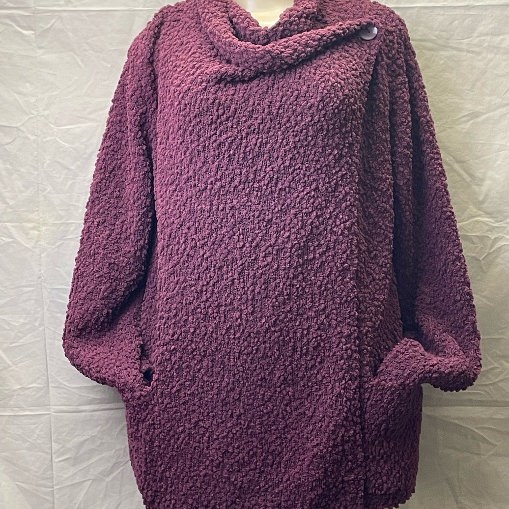 Bobeau Cozy Textured popcorn, draped button Shaw cardigan in Rich Plum